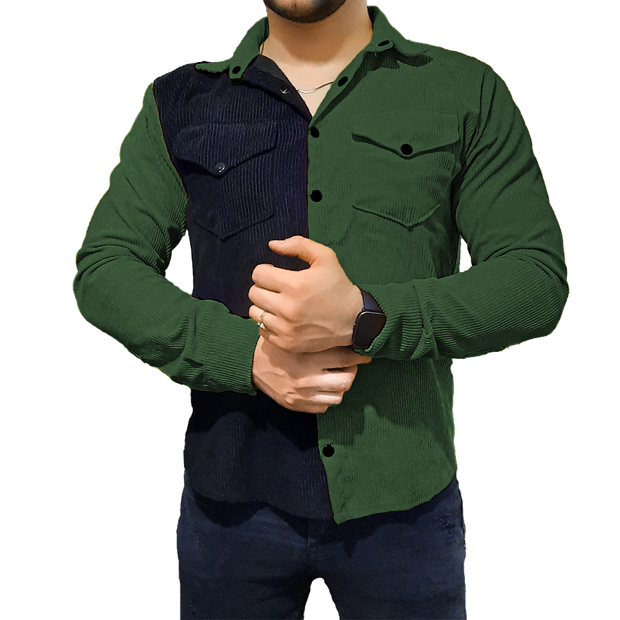 پیراهن مردانه دو رنگ مخمل کبریتی مشکی یشمی | مودی کالا