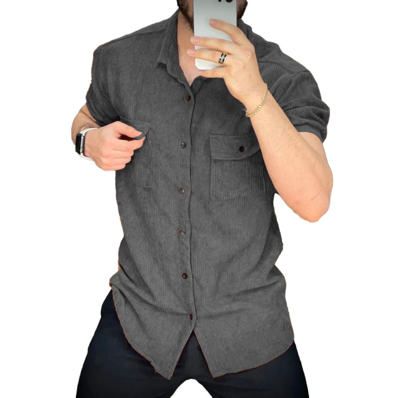 پیراهن مردانه طوسی تیره مخمل کبریتی طراحی مینیمال با جیب دکمه‌دار | مودی کالا