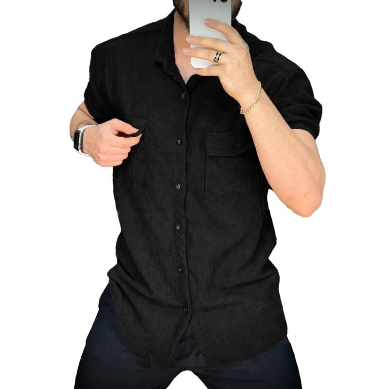 پیراهن مردانه مشکی مخمل کبریتی طراحی مینیمال با جیب دکمه‌دار | مودی کالا