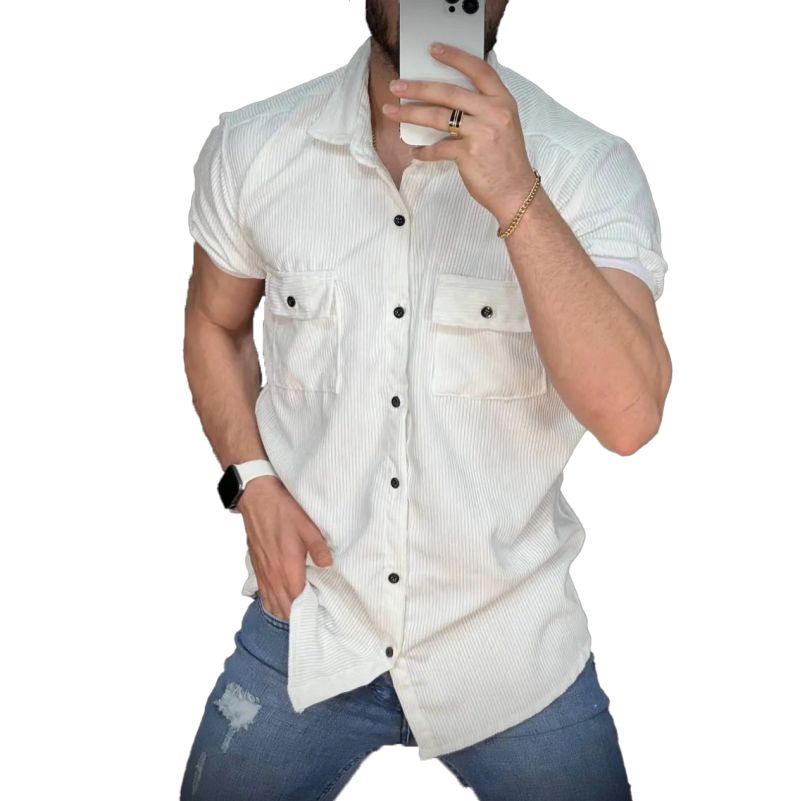 پیراهن مردانه سفید مخمل کبریتی طراحی مینیمال با جیب دکمه‌دار | مودی کالا