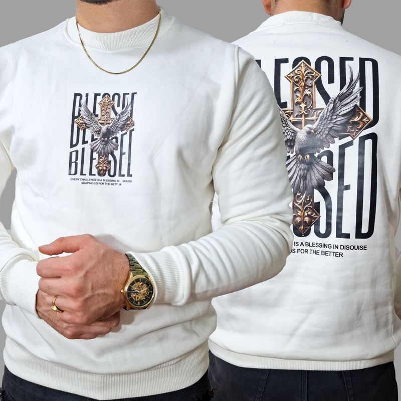 سویشرت سفید دورس سه نخ پنبه داخل کرک طرح Blessed | مودی کالا