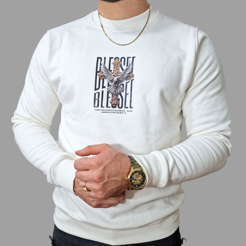 سویشرت سفید دورس سه نخ پنبه داخل کرک طرح Blessed | مودی کالا