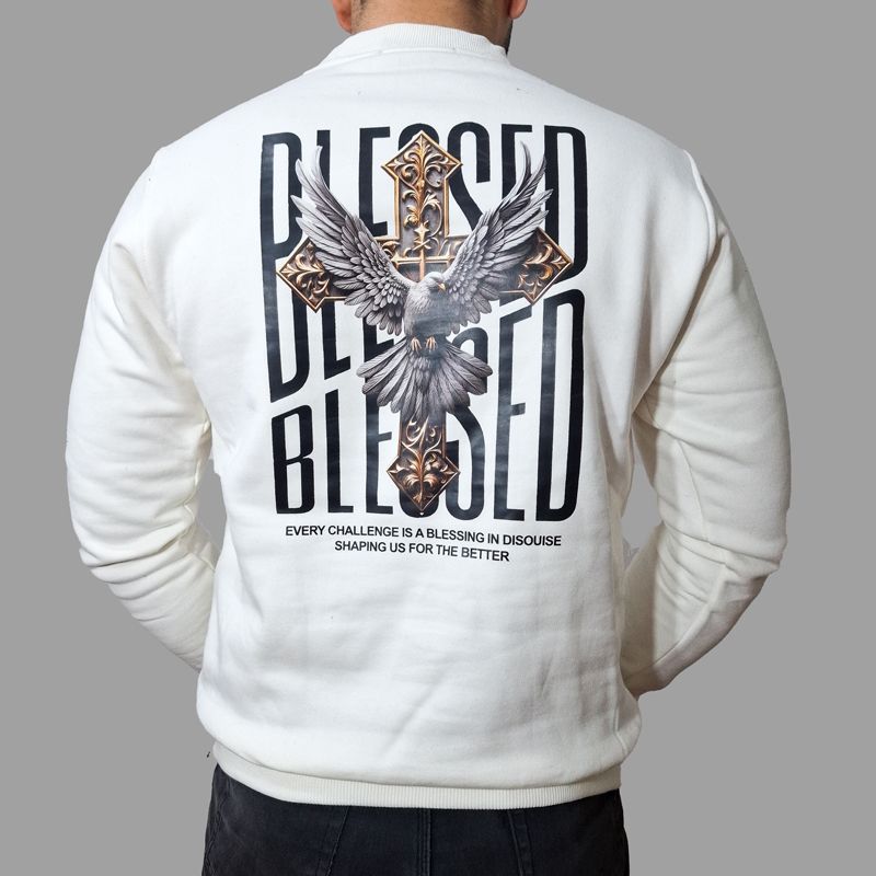 سویشرت سفید دورس سه نخ پنبه داخل کرک طرح Blessed | مودی کالا