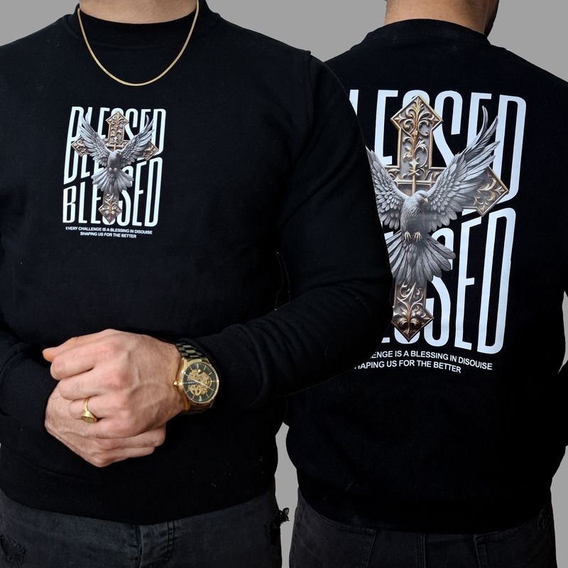 سویشرت مشکی دورس سه نخ پنبه داخل کرک طرح Blessed | مودی کالا