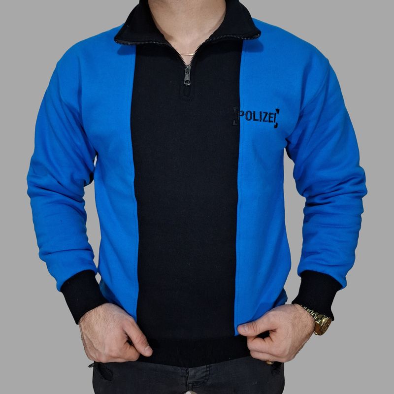 سویشرت مردانه آبی مشکی نیم زیپ‌ دورس سه‌ نخ پنبه طرح POLIZEI | مودی کالا