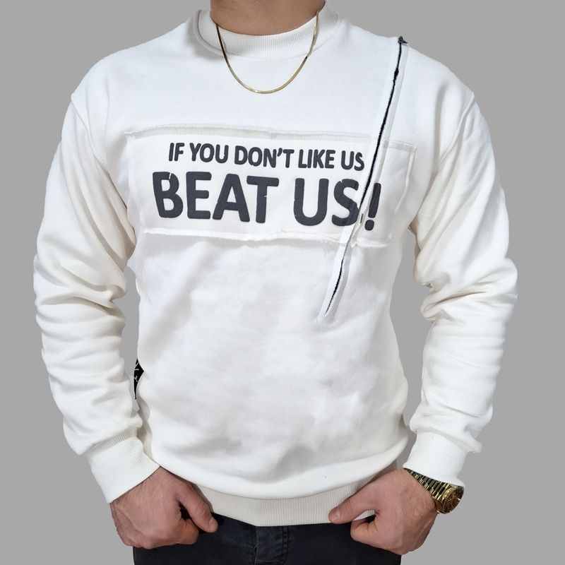 سویشرت مردانه شیری دورس سه‌ نخ پنبه طرح BEAT US | مودی کالا